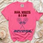 Pink t-shirt with "Red, White & I Do" and bachelorette party details.