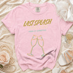 Pink t-shirt with "Last Splash Malibu, CA-Summer 2026" and champagne glasses.