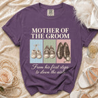 Purple t-shirt with "Mother of the Groom" text and shoe illustrations.