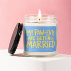 Candle with "My Paw-ents Are Getting Married" text on blue label.