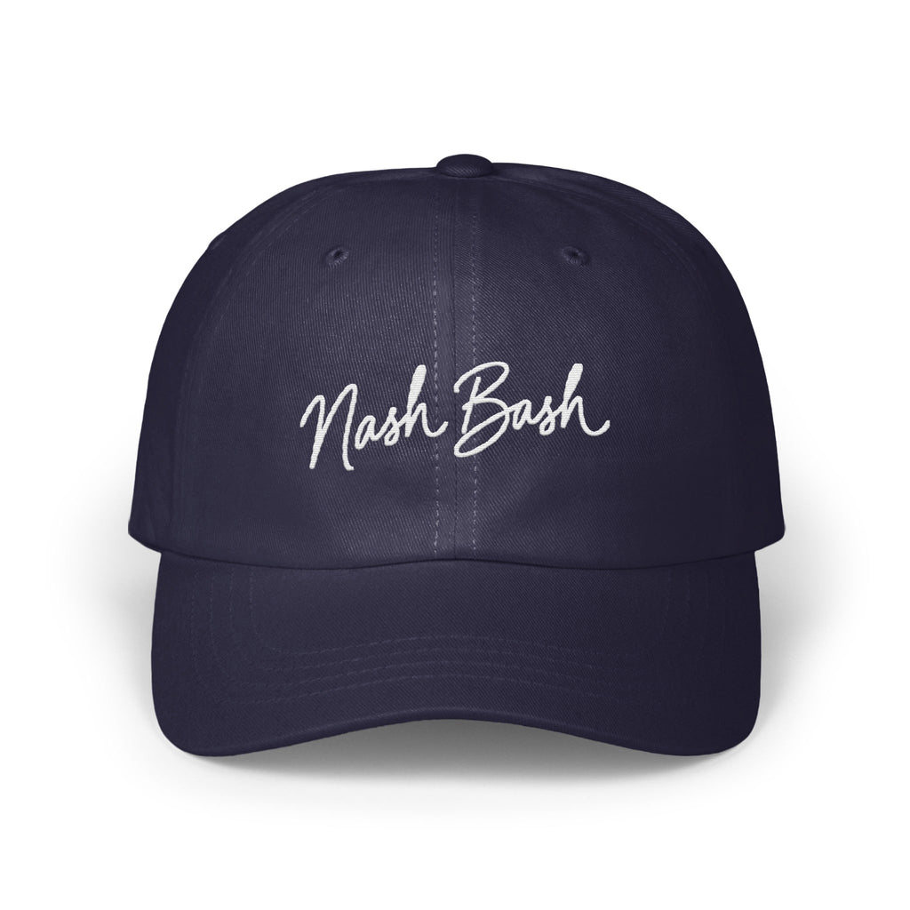 Dark blue dad hat with white embroidered text reading Nash Bash on the front.
