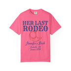 Pink t-shirt with "Her Last Rodeo" graphic, cowboy boot, and event details.