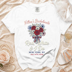 White t-shirt for "Willow's Bachelorette" party with floral design and event details.