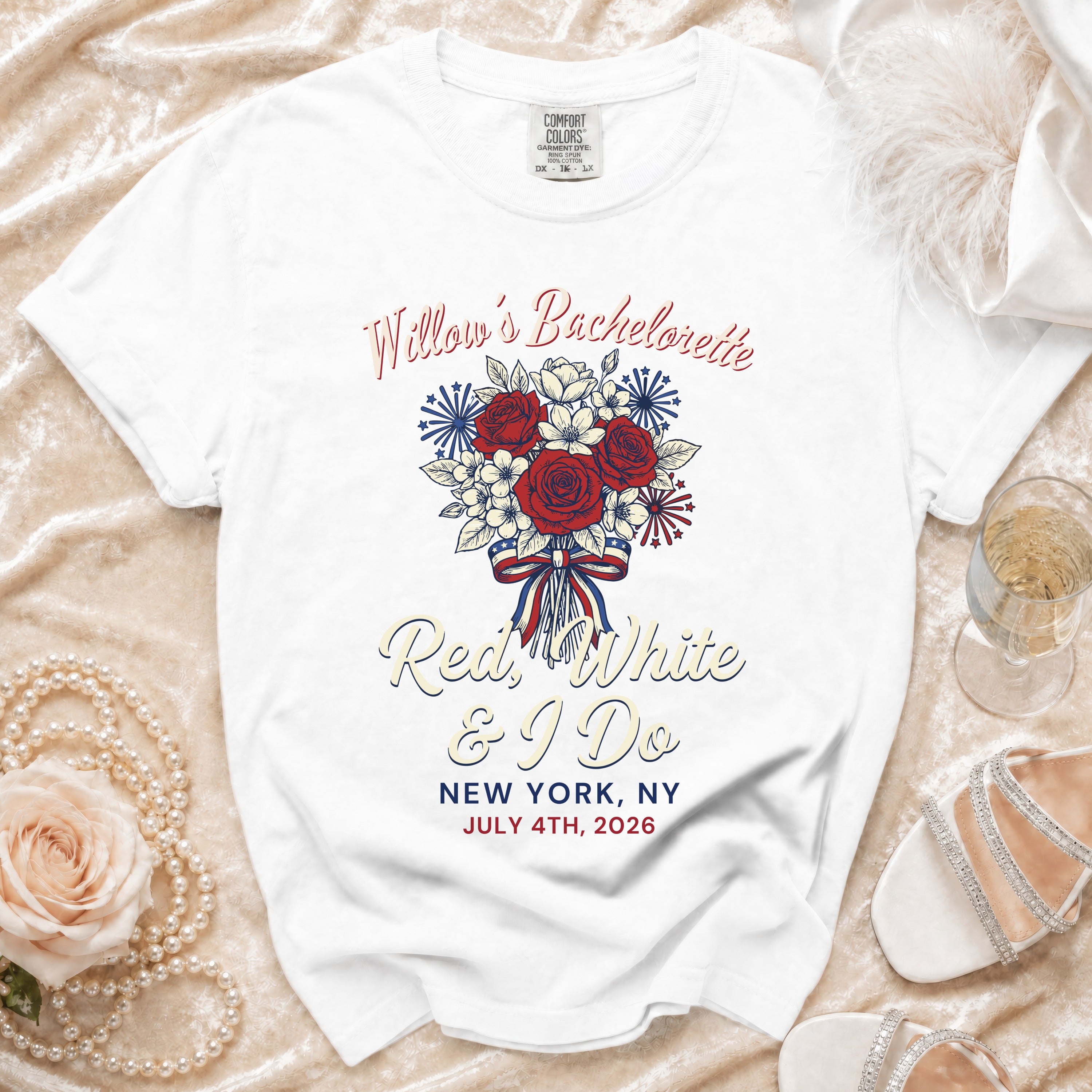 White t-shirt for "Willow's Bachelorette" party with floral design and event details.
