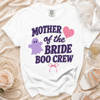 White t-shirt with "Mother of the Bride Boo Crew" graphic and ghost.