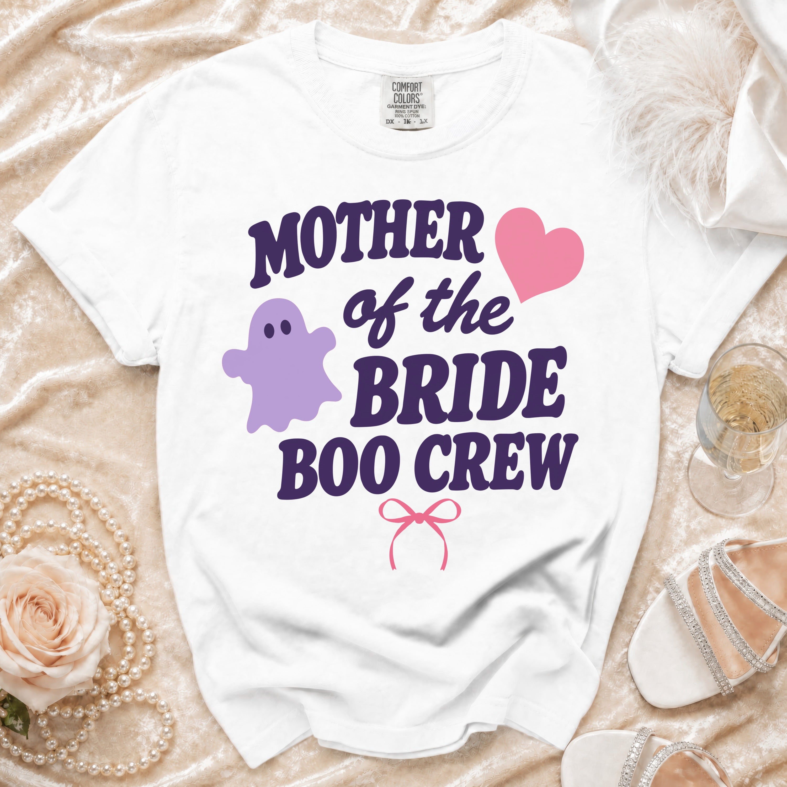 White t-shirt with "Mother of the Bride Boo Crew" graphic and ghost.