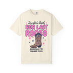 Cream t-shirt with "Jennifer's Bach HER LAST RODEO" and cowboy boot graphic.