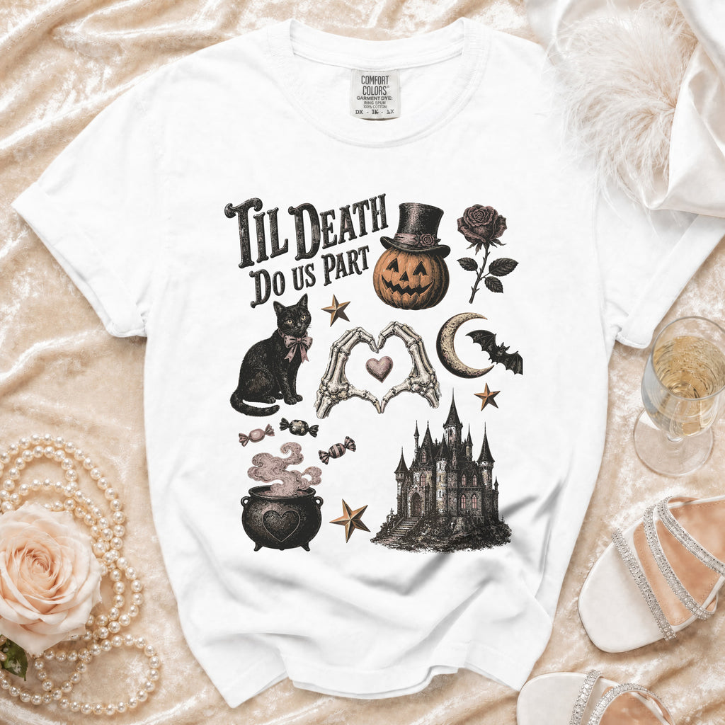 White t-shirt with "Til Death Do Us Part" and Halloween graphics.