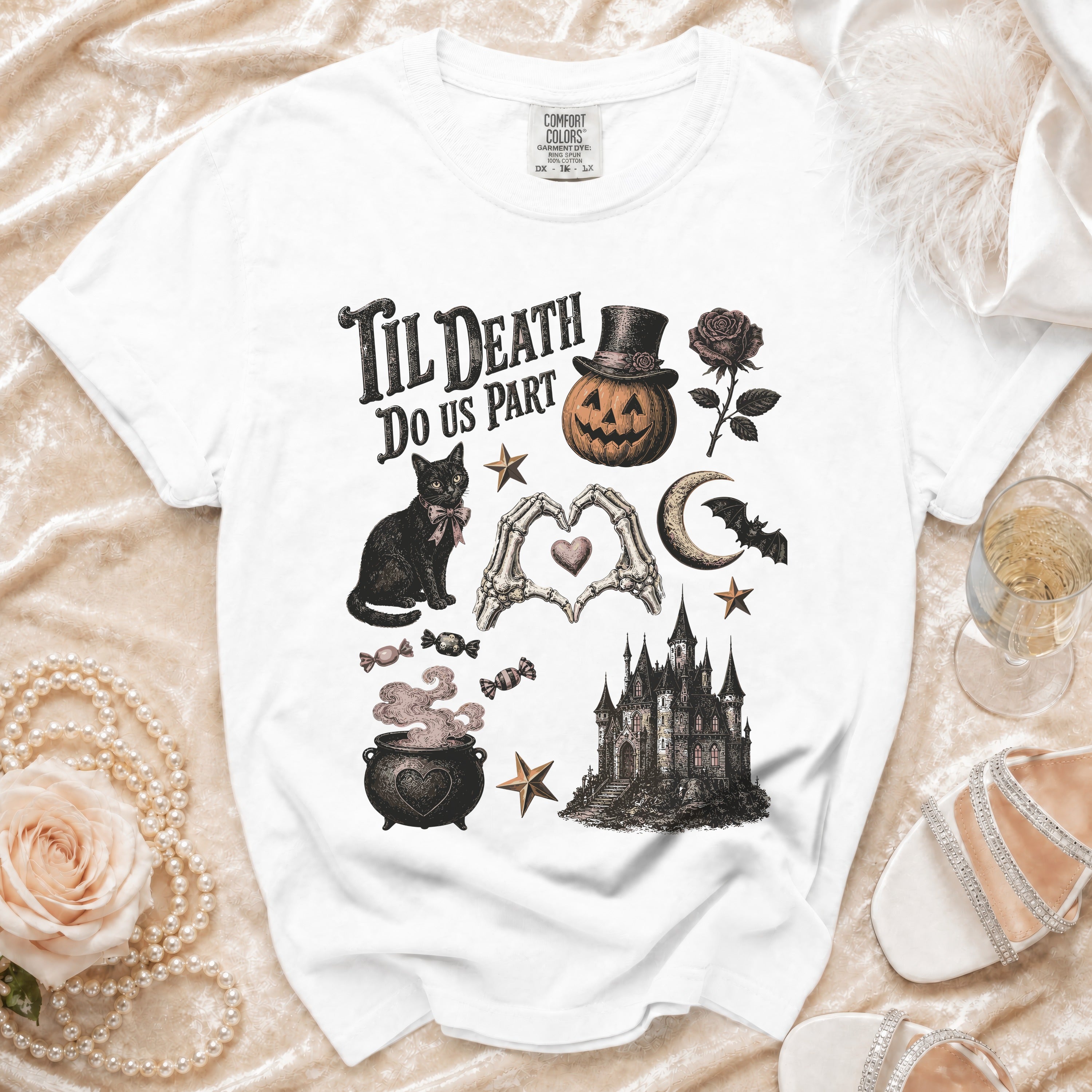 White t-shirt with "Til Death Do Us Part" and Halloween graphics.