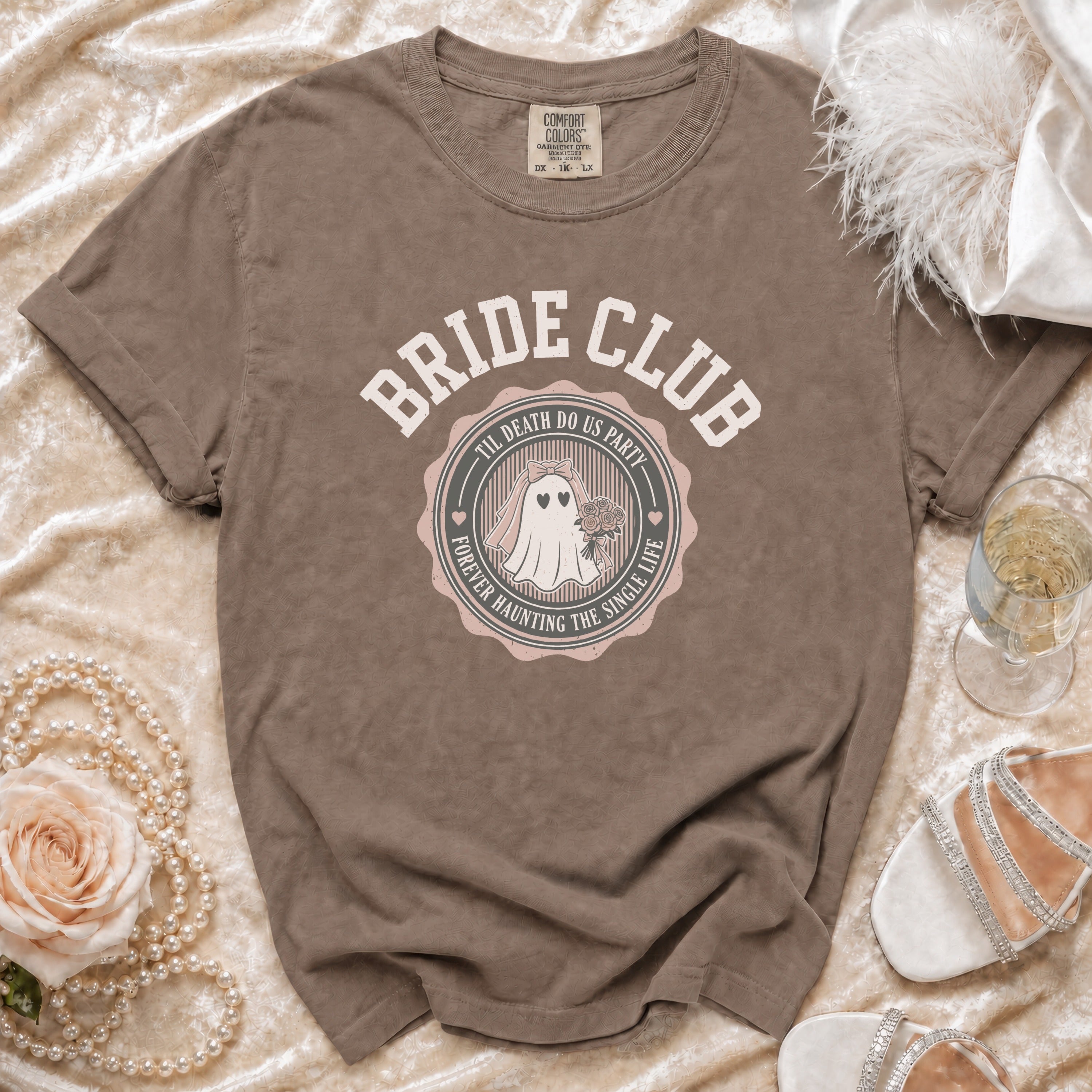 Bride Club t-shirt with ghost illustration, text "Til Death Do Us Party" and "Forever Haunting the Single Life".