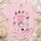 Pink t-shirt with "Mother of the Boo" text and Halloween-themed illustrations.