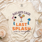 Cream t-shirt with "Sarah's Bach Last Splash Malibu, CA Summer 2026" text and graphics.