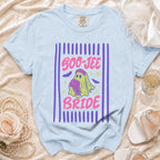 Light blue t-shirt with "Boo-Jee Bride" ghost graphic and bats.