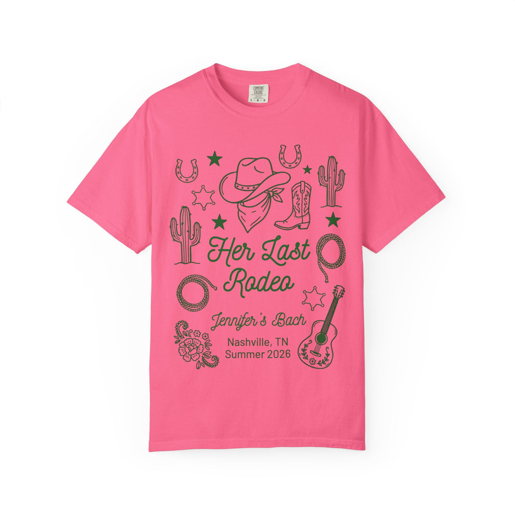 Pink t-shirt with "Her Last Rodeo" and rodeo-themed graphics.