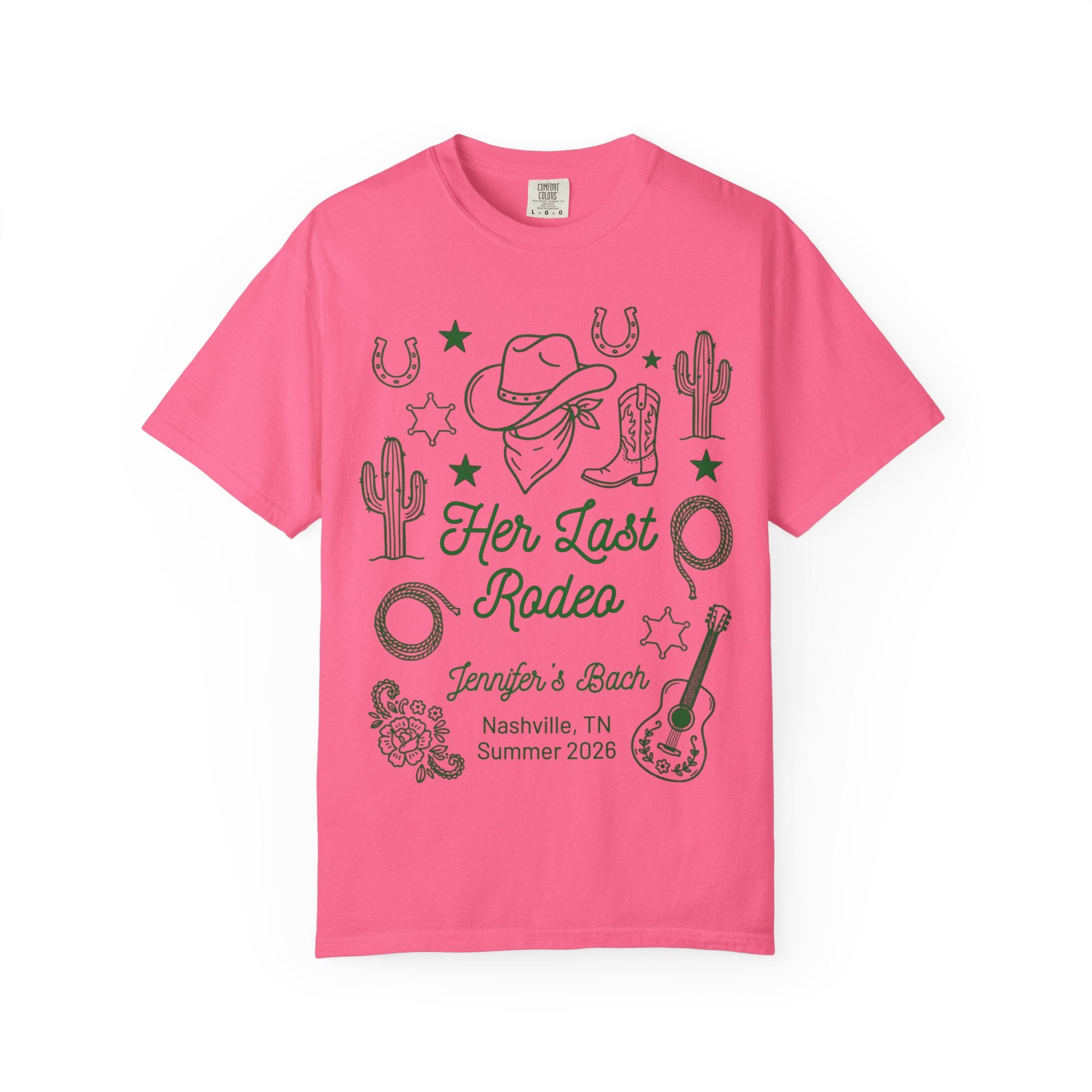 Pink t-shirt with "Her Last Rodeo" and rodeo-themed graphics.