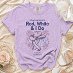 Purple t-shirt with "Willow's Bachelorette Red, White & I Do Austin, TX July 4th, 2026" text.