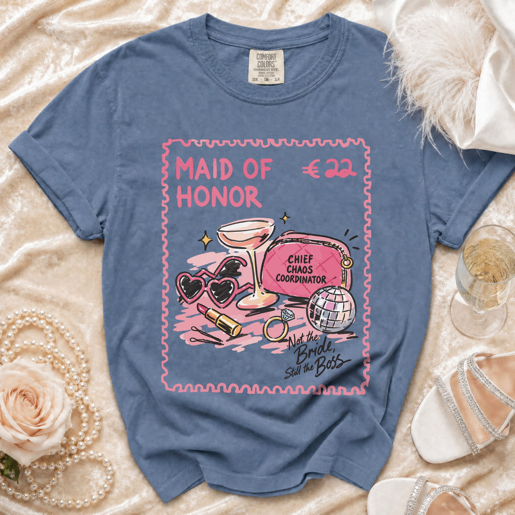 Blue t-shirt with "Maid of Honor" graphic and "Not the Bride, Still the Boss" text.