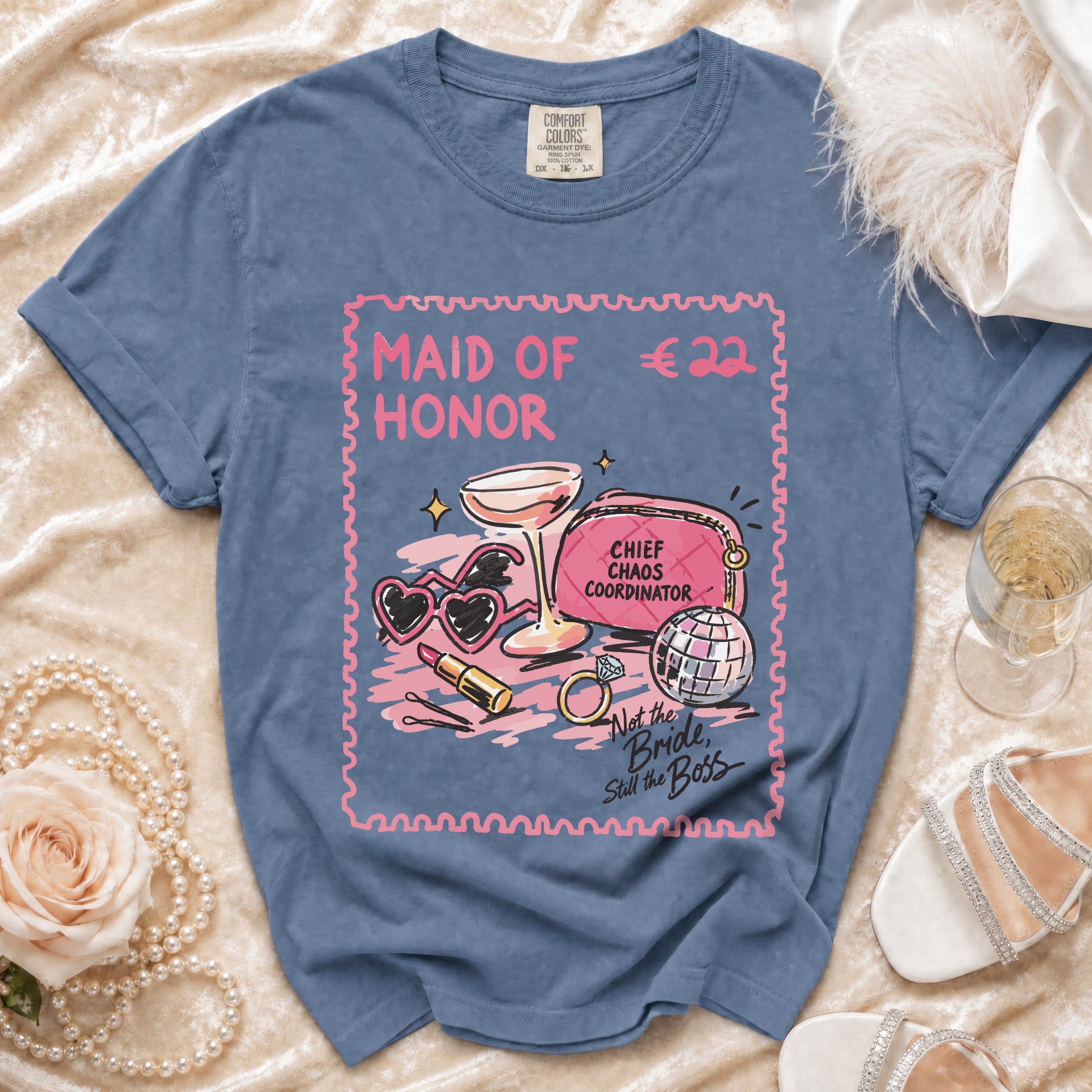 Blue t-shirt with "Maid of Honor" graphic and "Not the Bride, Still the Boss" text.