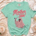 Mint green t-shirt with "Mother of the Bride...boo!" text and a polka dot ghost.