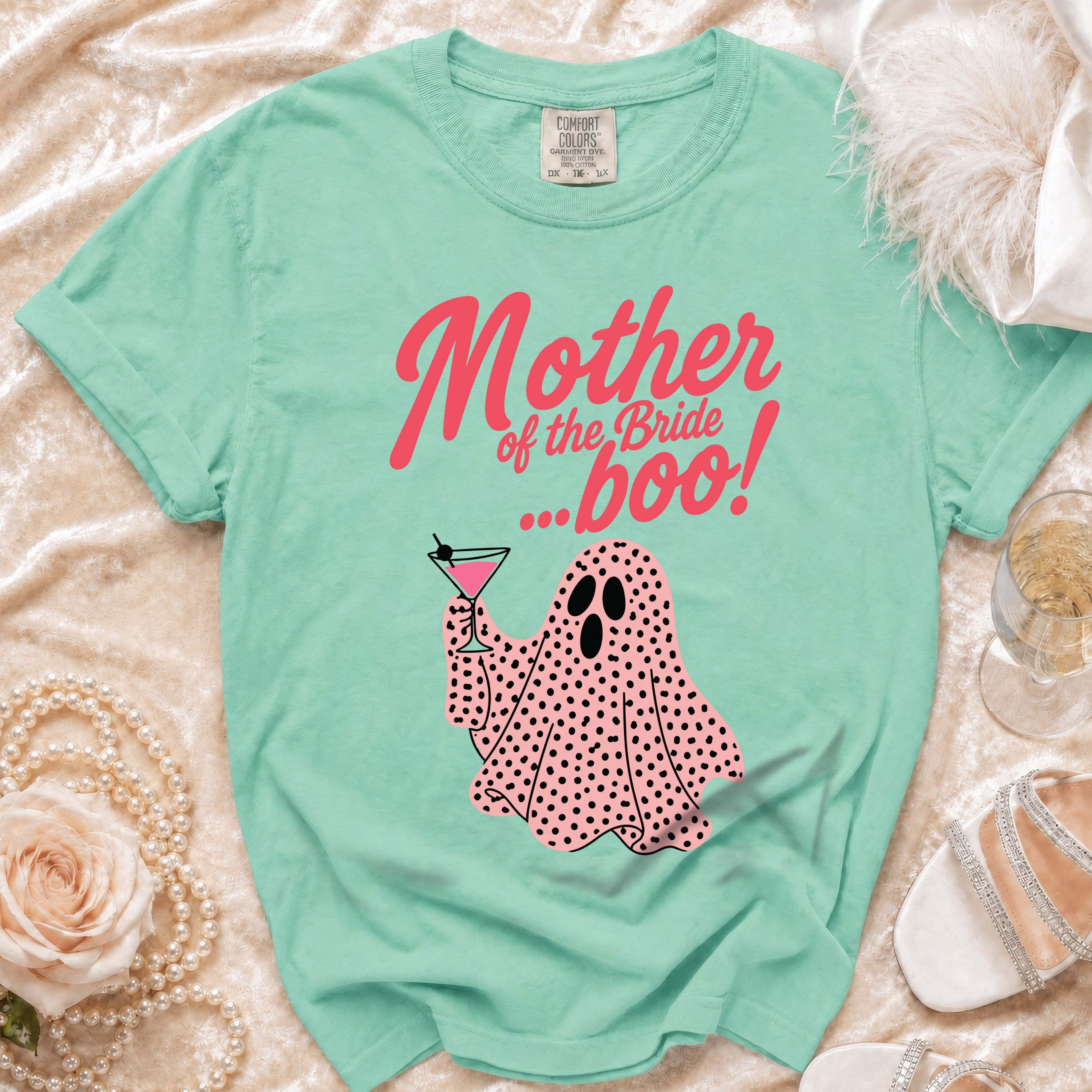 Mint green t-shirt with "Mother of the Bride...boo!" text and a polka dot ghost.
