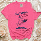 Pink t-shirt with "Red, White & I Do" and bachelorette details.