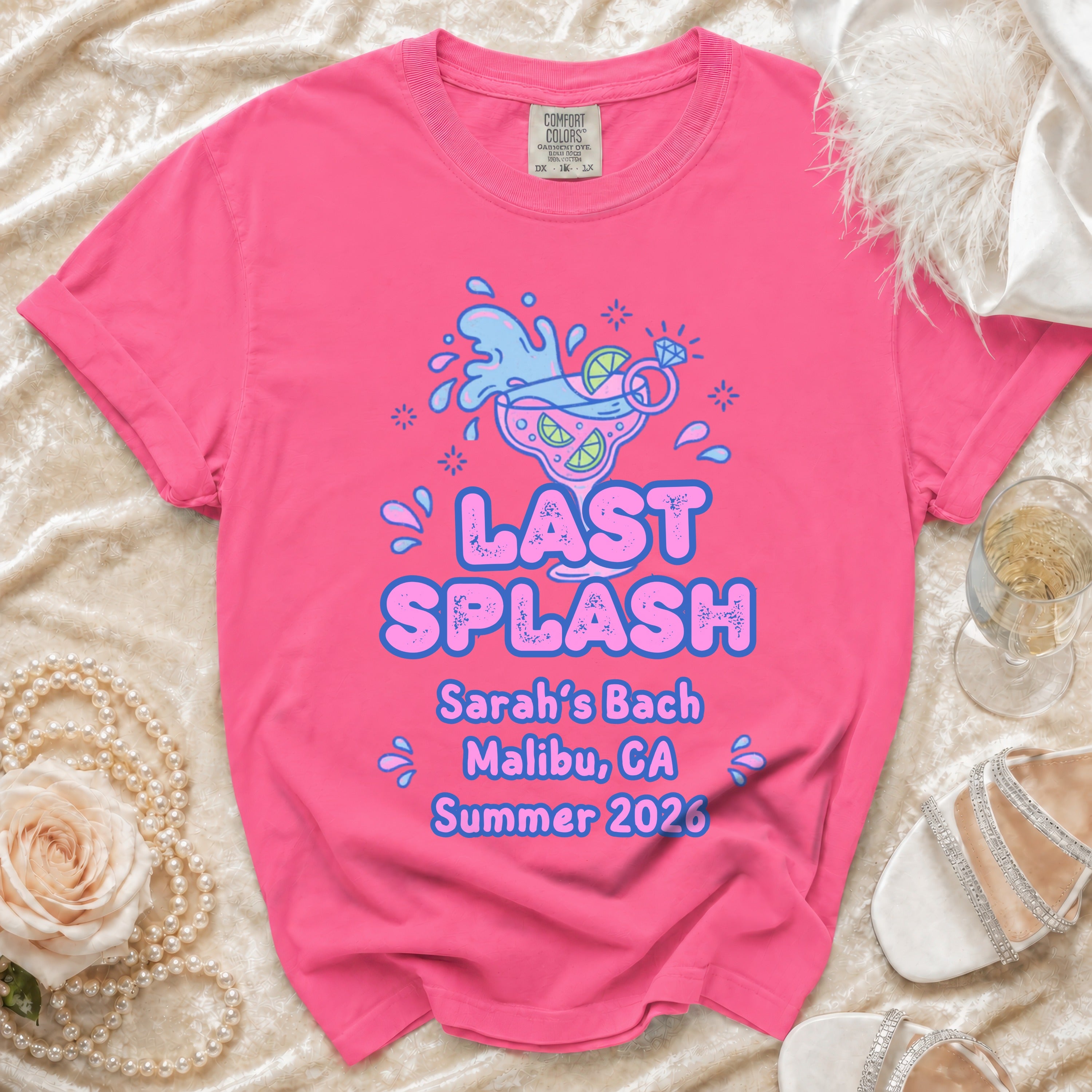 Pink t-shirt with "Last Splash" and bachelorette details.