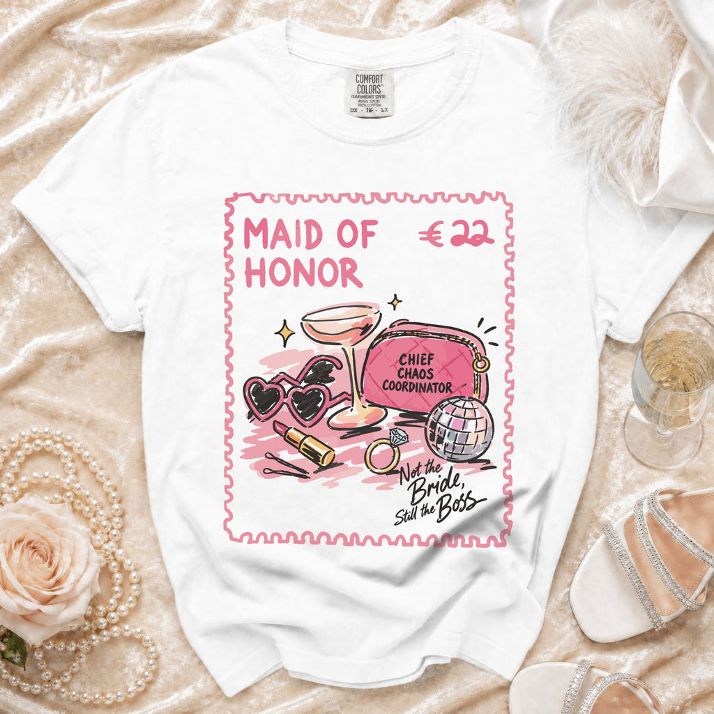 White t-shirt with "Maid of Honor" and bridal accessories graphic.