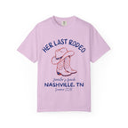 Lavender t-shirt with "Her Last Rodeo" and cowboy boots, Jennifer's Bach, Nashville, TN, Summer 2026.