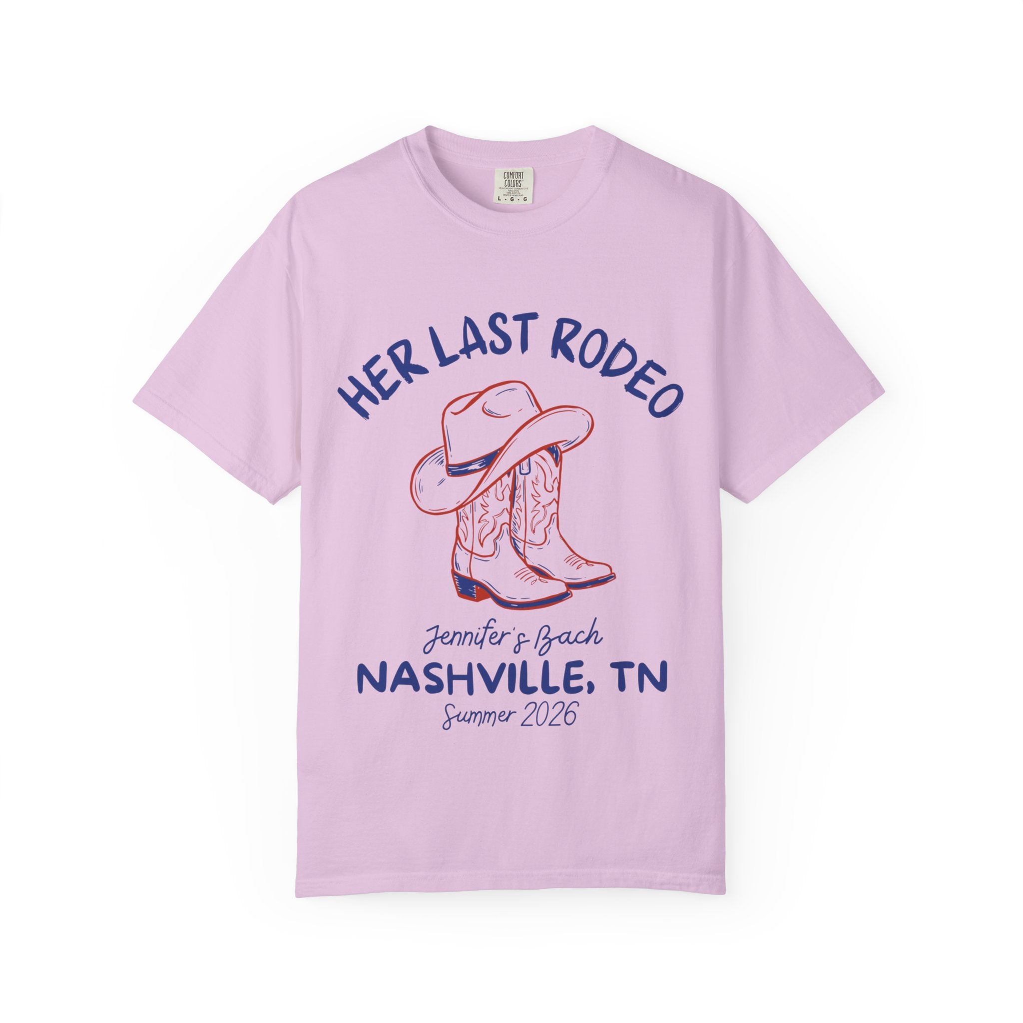 Lavender t-shirt with "Her Last Rodeo" and cowboy boots, Jennifer's Bach, Nashville, TN, Summer 2026.
