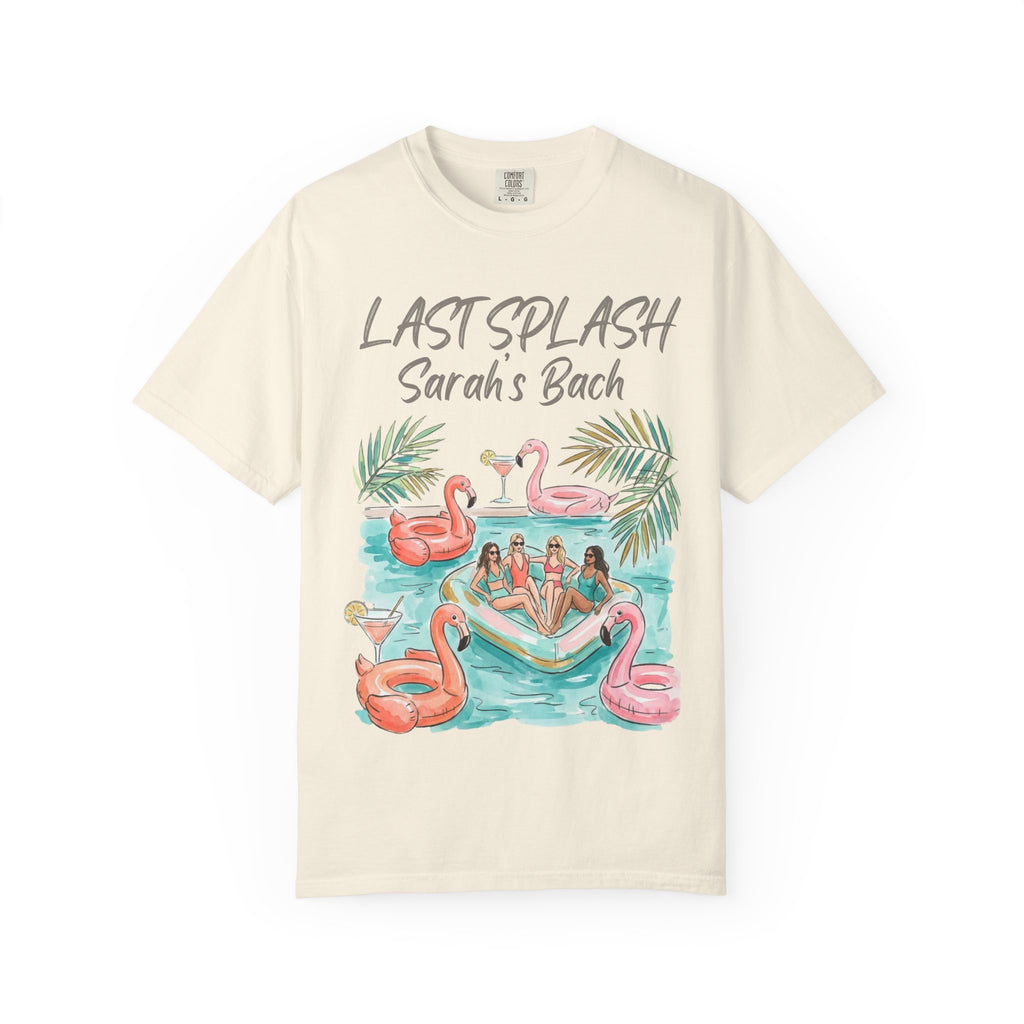 Cream t-shirt with "Last Splash Sarah's Bach" and flamingo floats illustration.