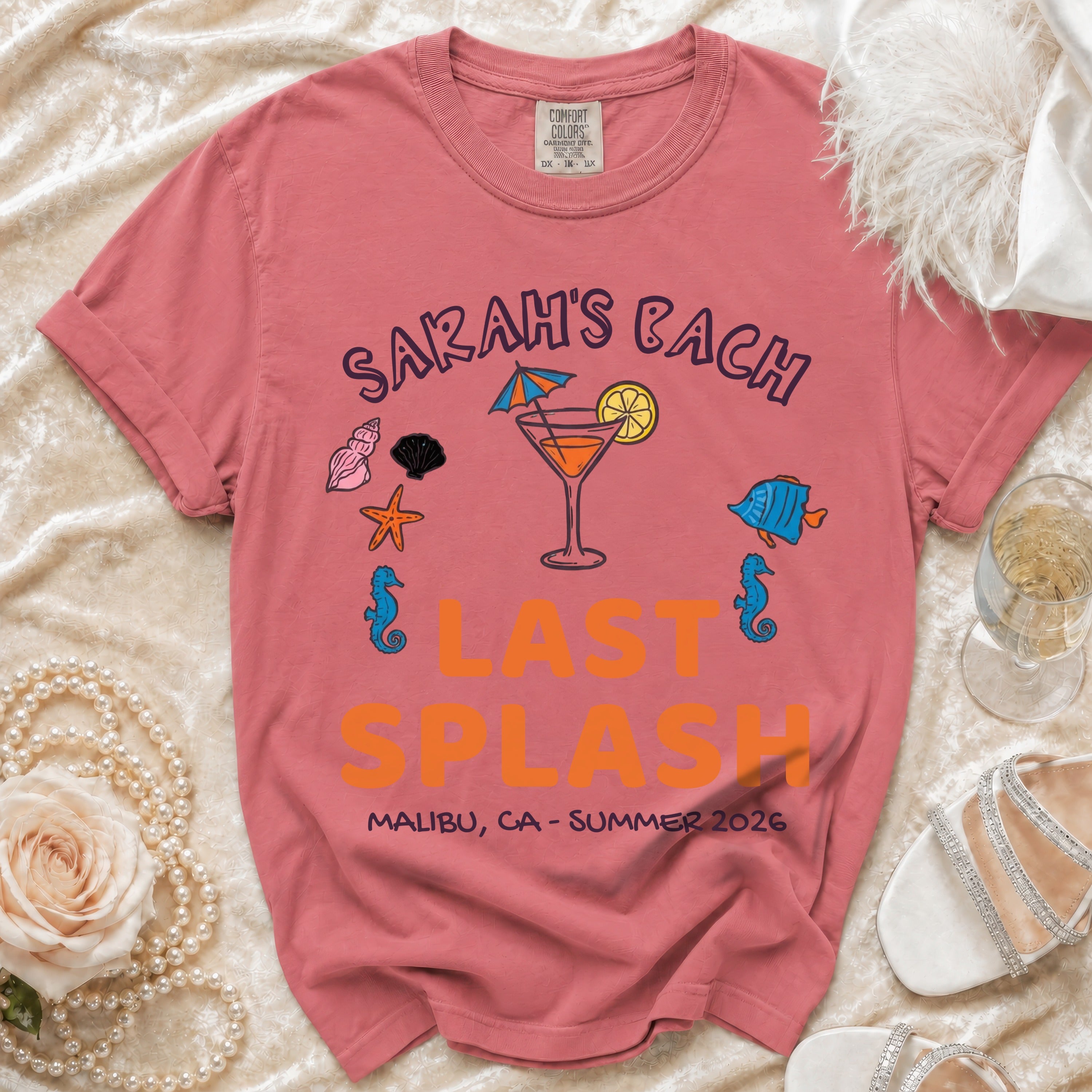 Coral t-shirt with "Sarah's Bach Last Splash Malibu, CA - Summer 2026" and beach graphics.