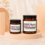 Two amber jars with labels reading "MOH Medal of Dishonor" on pedestals.
