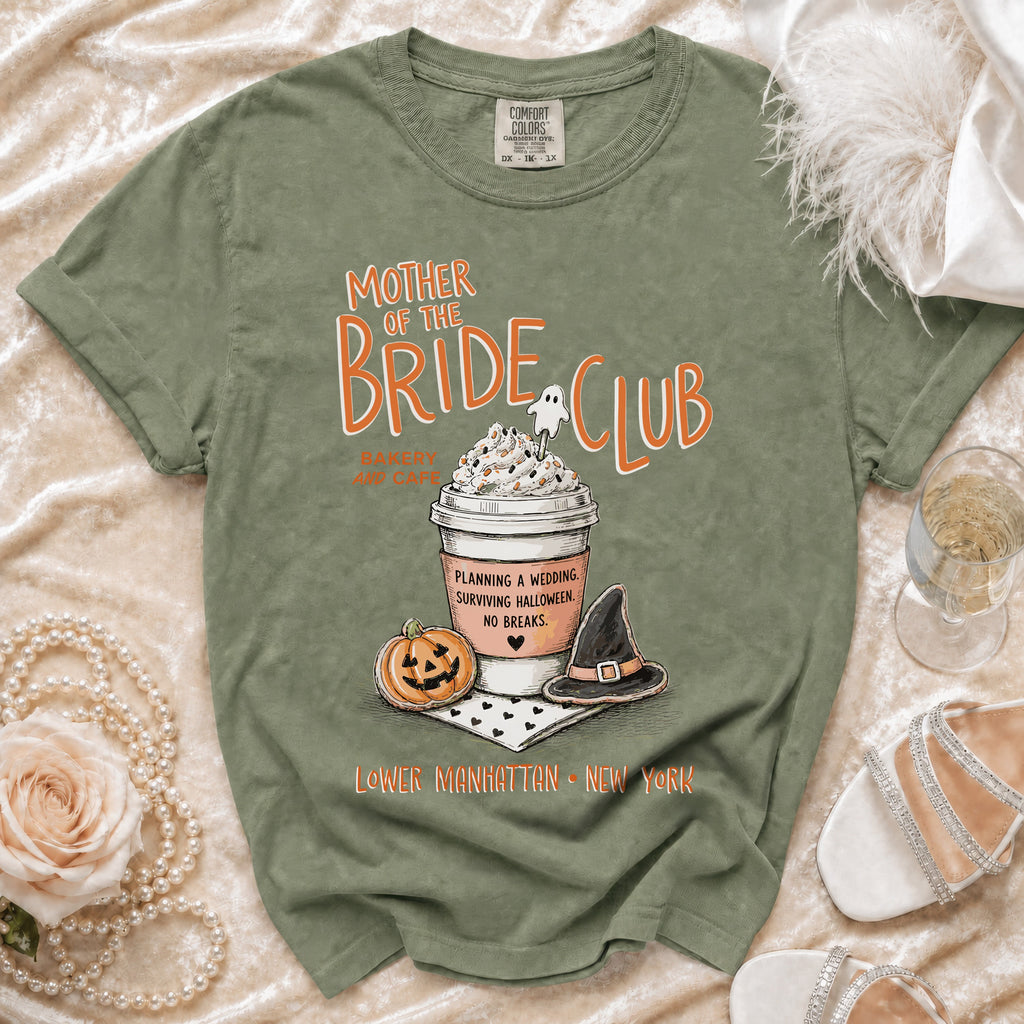 Olive green t-shirt with "Mother of the Bride Club" and Halloween-themed coffee cup design.