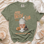 Olive green t-shirt with "Mother of the Bride Club" and Halloween-themed coffee cup design.