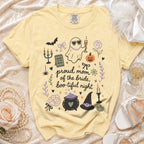 Yellow t-shirt with "Proud Mom of the Bride, Boo-tiful Night" text and Halloween graphics.