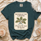 Teal t-shirt with "Mother of the Groom" and oak branch graphic.