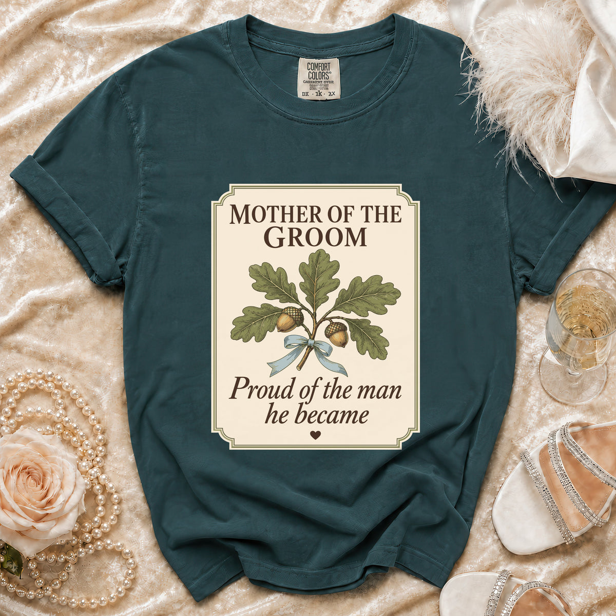 Teal t-shirt with "Mother of the Groom" and oak branch graphic.