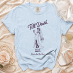 Light blue t-shirt with skeleton bride graphic and text "Till Death Do Us Party Bride's Last Boo Bash".