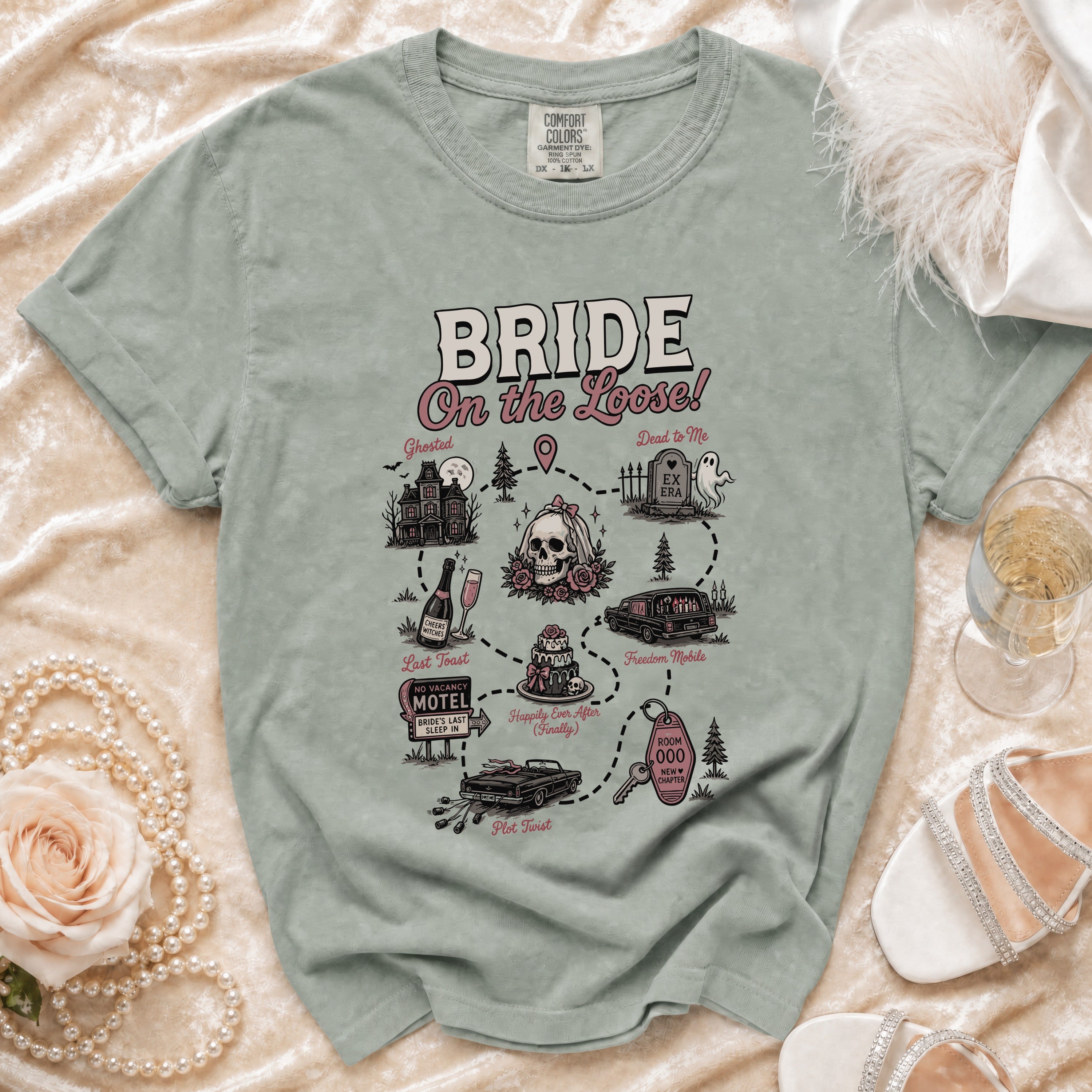 T-shirt with "Bride On the Loose!" map graphic showing wedding-related events.