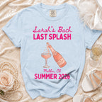 Light blue t-shirt with "Sarah's Bach Last Splash" and champagne graphic.
