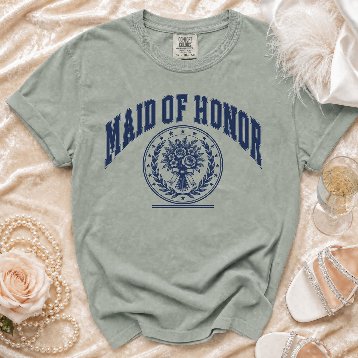 Maid of Honor t-shirt with floral bouquet and laurel wreath design.