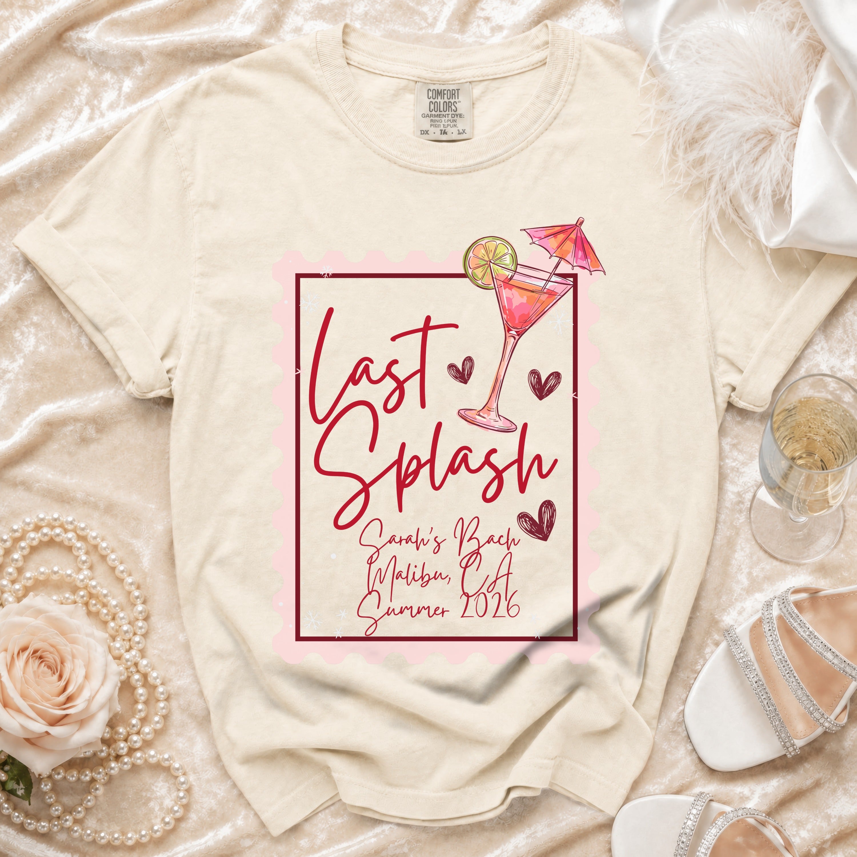 Cream t-shirt with "Last Splash Sarah's Bach Malibu, CA Summer 2026" design.