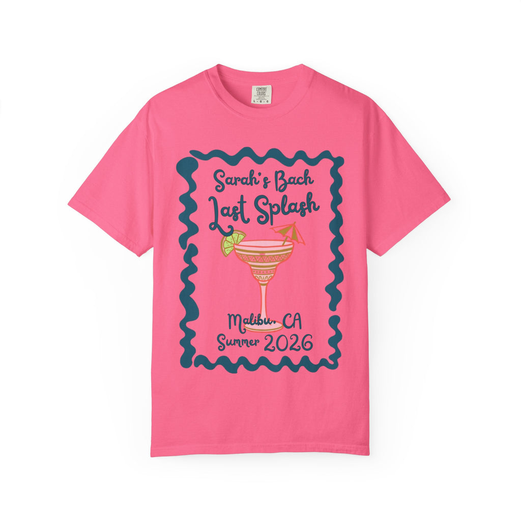 Pink t-shirt with "Sarah's Bach Last Splash" cocktail graphic and text.