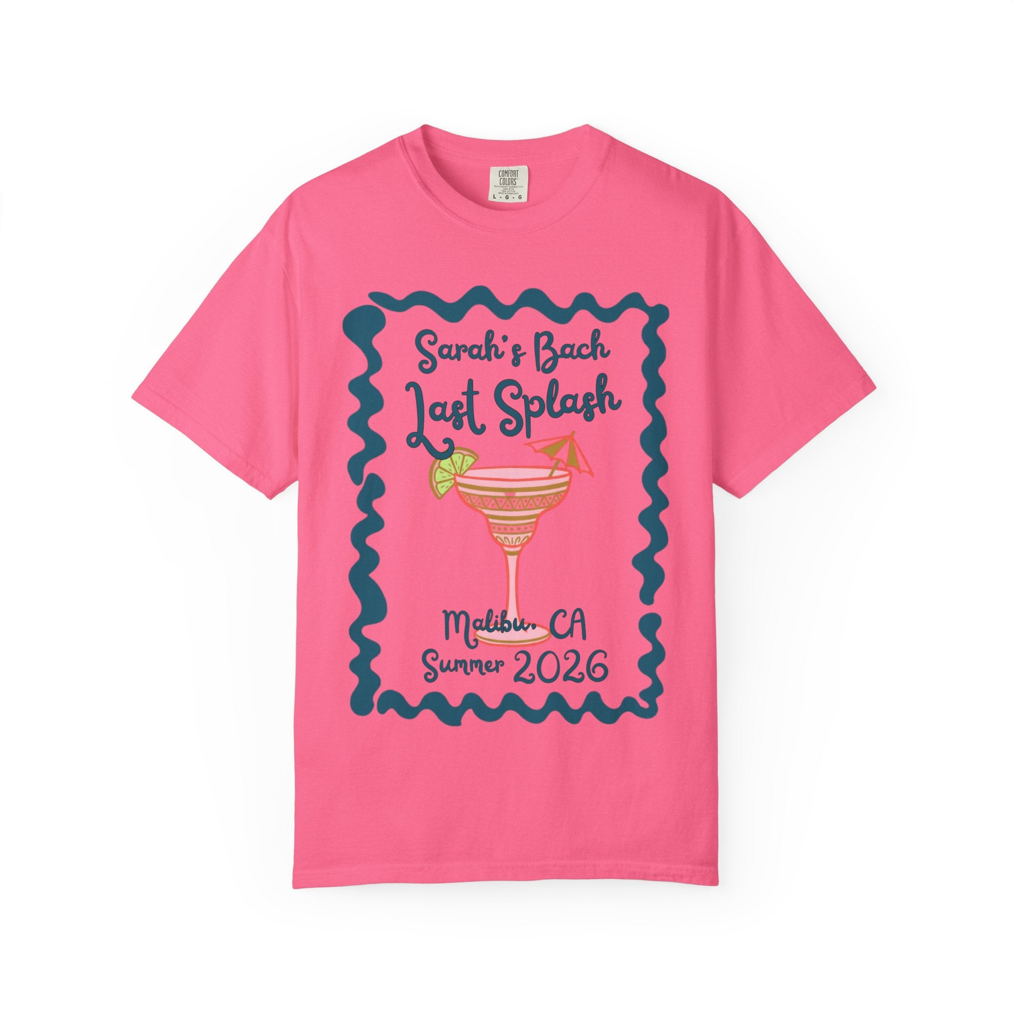 Pink t-shirt with "Sarah's Bach Last Splash" cocktail graphic and text.