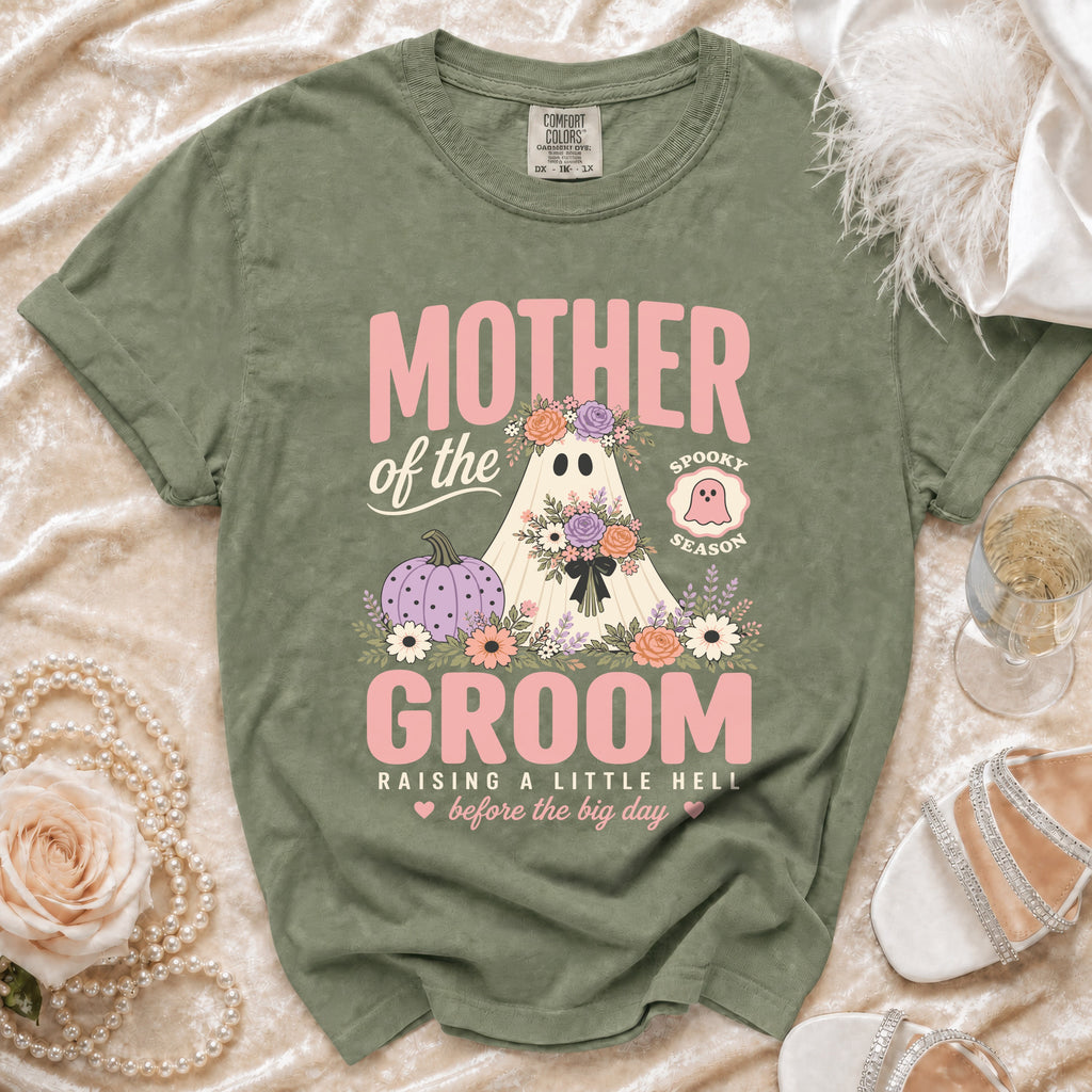 Mother of the Groom shirt with ghost, pumpkin, and floral graphics.