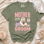 Mother of the Groom shirt with ghost, pumpkin, and floral graphics.