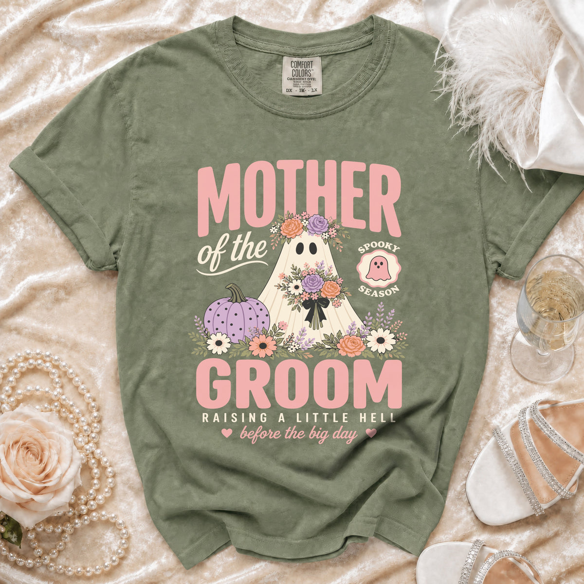 Mother of the Groom shirt with ghost, pumpkin, and floral graphics.