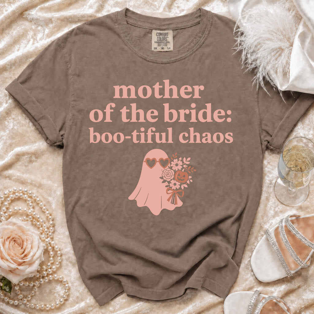 Brown t-shirt with pink text "mother of the bride: boo-tiful chaos" and ghost graphic.