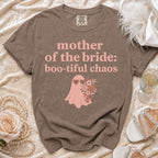 Brown t-shirt with pink text "mother of the bride: boo-tiful chaos" and ghost graphic.