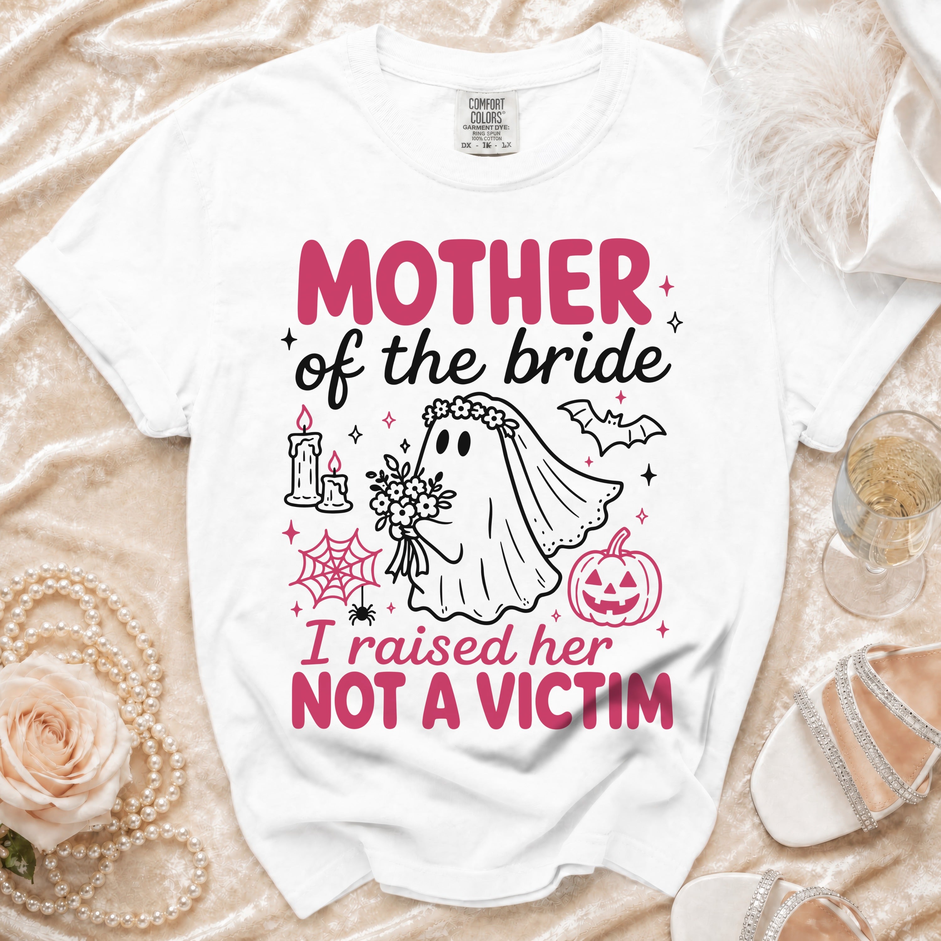 White t-shirt with "Mother of the bride" and a ghost bride graphic.